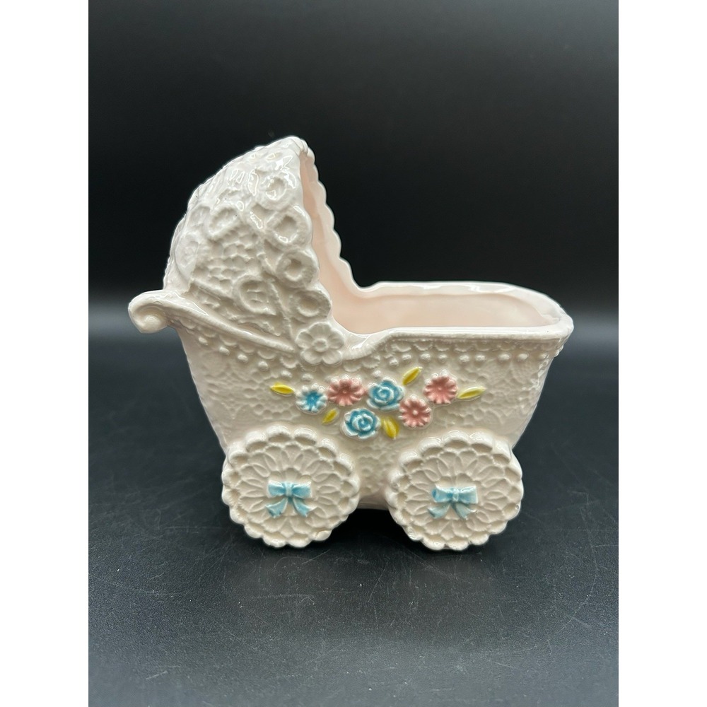 VTG Relpo Nursery Baby Carriage Planter Hand Painted Embossed